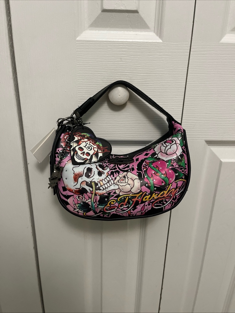 Ed Hardy Pink & Black Skull-Graphic Mini Shoulder Bag